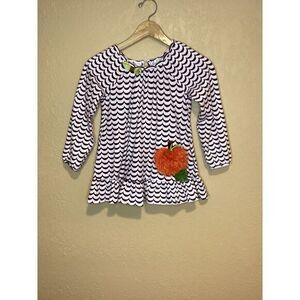 Emily Rose brown/white swirl stripe dress pumpkin/leaf detail, green bow at neck